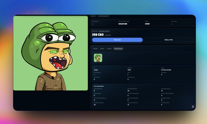 NFT marketplace listing showing a cartoon character NFT priced at 398 CRO, with floor price at 240.00 CRO and various ownership stats displayed.