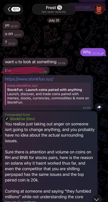 A Telegram chat screenshot shows a user sending a link to stonkfun.xyz alongside a forwarded message defending the project's launch volume on Solana, arguing against accusations of "fumbling millions" by pointing to competitor issues and similar pairing challenges. The conversation supports the accompanying post's claim about receiving "stonk" as a low 5K market cap thesis-driven pick shared in DMs.