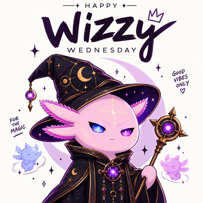 A digital illustration featuring a pink axolotl wizard wearing a starry hat with the text 'Happy Wizzy Wednesday', 'Good Vibes Only', and 'For the Magic'.