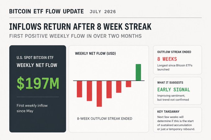 A Bitcoin ETF Flow Update graphic for July 2026 showing inflows returning after an 8-week streak, with a U.S. Spot Bitcoin ETF Weekly Net Flow of $197M.