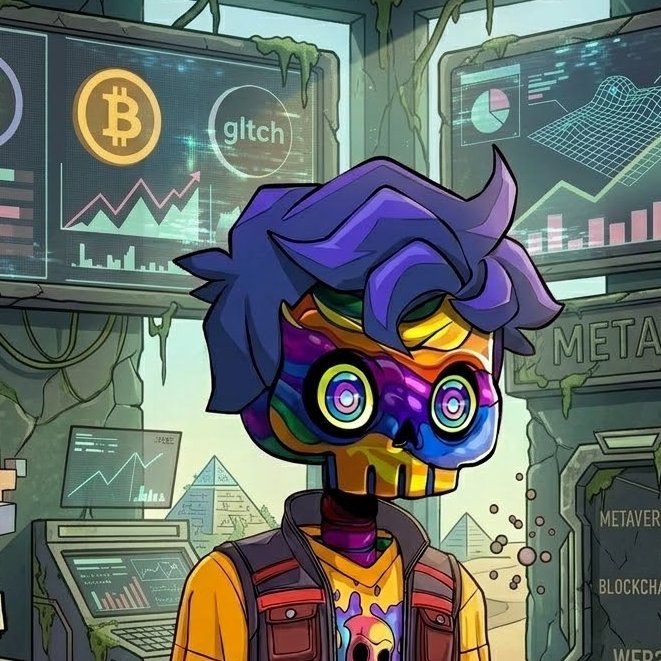 A vibrant cartoon character with purple hair and a colorful, mask-like face stands in a digital, cyber-themed environment with cryptocurrency charts and the words "META," "BLOCKCHA," and "gltch" visible.