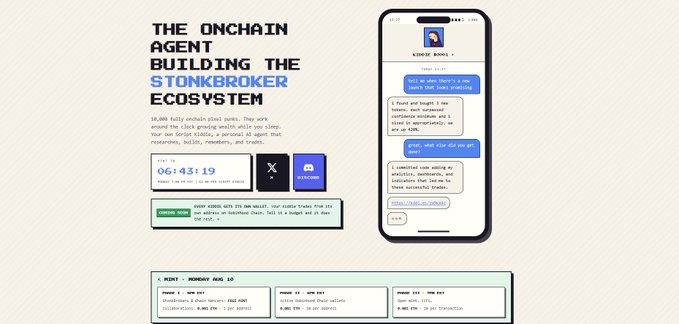 A promotional graphic titled "THE ONCHAIN AGENT BUILDING THE STONKBROKER ECOSYSTEM" showing a phone mockup with a chat interface and a countdown timer at 06:43:19.
