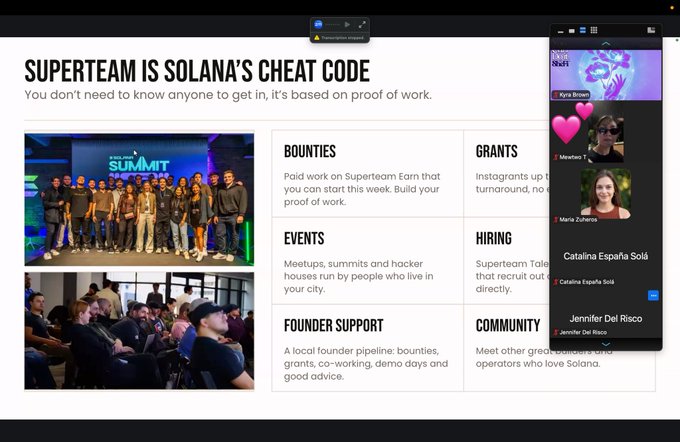 A website titled 'SUPERTEAM IS SOLANA'S CHEAT CODE' explains the program offers bounties, grants, events, and founder support based on proof of work.