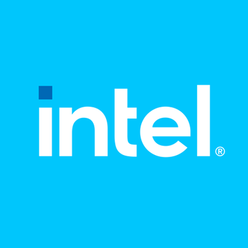 The image displays the Intel corporate logo—white lowercase "intel" text with its signature dot above the "i"—set against Intel's signature bright cyan blue background. The branding directly corresponds to the accompanying post, which highlights Intel's (ticker: $INTC) strong Q2 earnings performance, including revenue of $16.1B (+25% YoY), significant beats on adjusted EPS, and notable growth in both Client Computing/AI ($8.9B) and Data Center ($6.3B) segments.