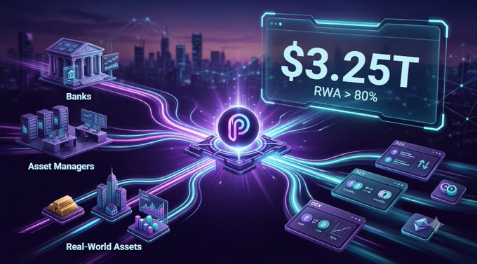A glowing infographic highlights a central Pyth Network ($P) logo processing $3.25T with RWA > 80%, connecting banks, asset managers, and real-world assets on the left to perpetual trading dashboards on the right—visually reinforcing the post's claim that Pyth is dominating RWA perps volume with massive scale.