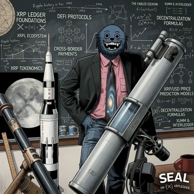 A surreal illustration of a blue furry creature in a suit and tie holding a telescope, standing before a chalkboard filled with XRP/Ripple-related equations, diagrams, and text including 'XRP LEDGER FOUNDATIONS' and 'DECENTRALIZATION FORMULAS'.