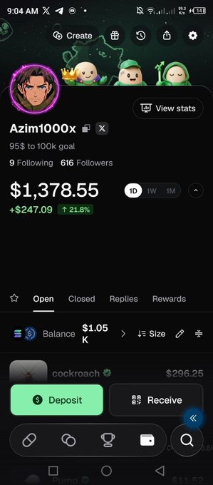 A mobile app screenshot of 'Azim1000x' showing a portfolio worth $1,374.55 (+$247.09, 21.8%) with 95$ to 100k goal, 9 Following, and 616 Followers, displaying a 'cockroach' position at $296.25.