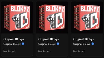 The image displays three identical listings of "Original Blokyz" NFTs, each marked "Not listed," corresponding to the user's airdrop claim from @OriginalBlokyz on launch day. The cartoonish blok character and bold red branding mirror the physical Blokyz product packaging they've also received, representing their dual ownership of the physical and digital collectibles.