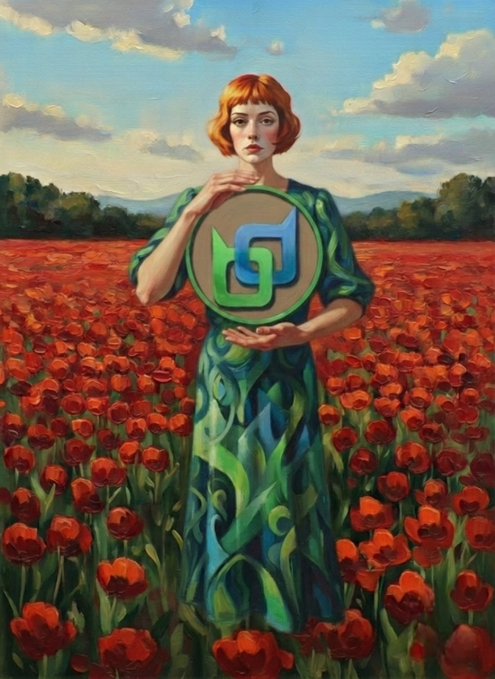 A classical oil painting-style portrait of a red-haired woman in a green and blue dress standing in a field of red poppies, holding a circular green and blue logo.