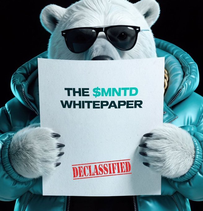 An AI-generated image shows a white bear wearing sunglasses and a teal puffer jacket, holding a document that reads 'THE $MNTD WHITEPAPER' with a red 'DECLASSIFIED' stamp.