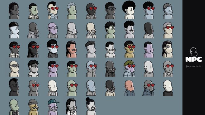 A grid of diverse cartoon-style avatar illustrations branded as 'NPC' by @npcchain, featuring various characters with red heart eyes on a grey-blue background.