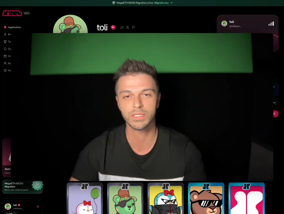 A man speaks on a webcam feed within the "xeet" platform interface, promoting the MegaETH MOSS Migration with a banner reading "MegaETH MOSS Migration is live · Migrate now" and a card pack lineup displayed at the bottom.