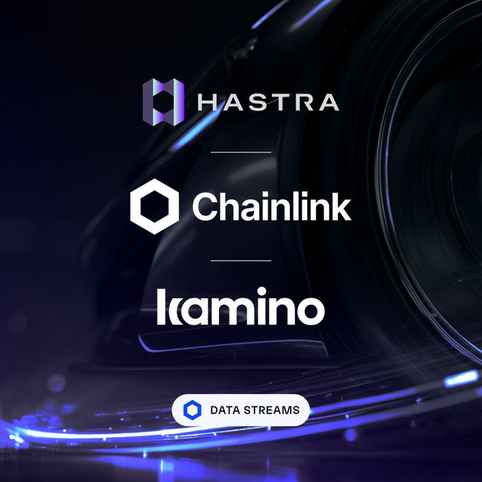 A promotional graphic featuring logos for Hastra, Chainlink, Kamino, and a "Data Streams" badge against a dark, futuristic background, announcing Figure's launch of DeFi auto loan markets powered by Chainlink Data Streams on Kamino via HastraFi's AUTO markets.