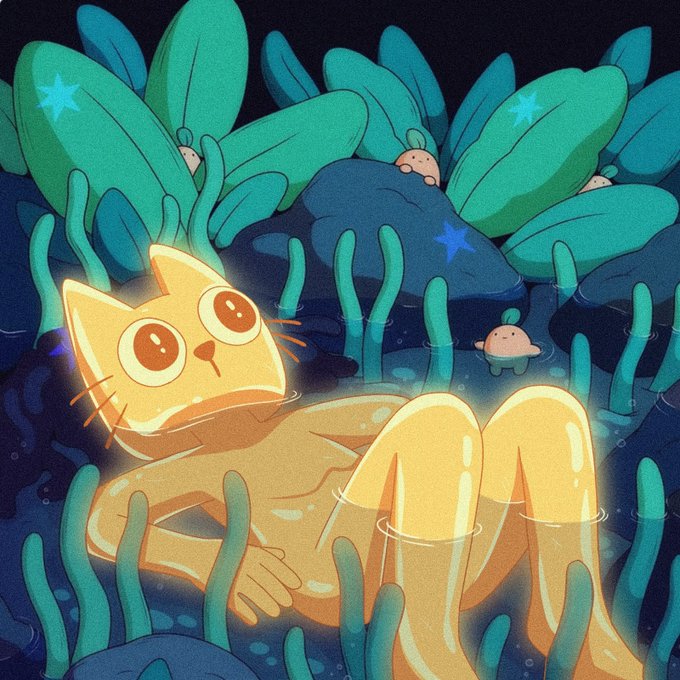 An illustration of a glowing yellow cat lounging in a body of water surrounded by large teal leaves and small creatures, with star accents scattered throughout the scene.
