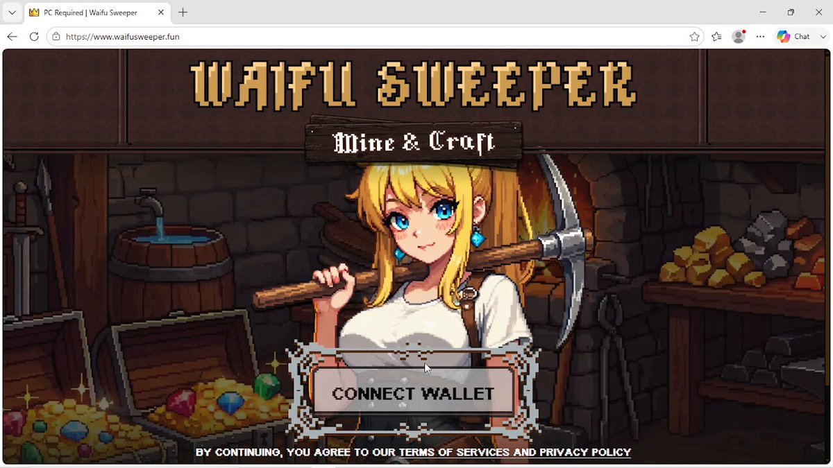 The image shows a computer screen displaying a game interface for the video game Minecraft: MineCraft. The main character, a blonde girl with blue eyes, is holding an axe while standing in front of a brick wall. She appears to be in a room filled with various objects such as a bucket and a bowl. A sign on the screen reads "Connect wallet", indicating that players can connect their accounts for free.