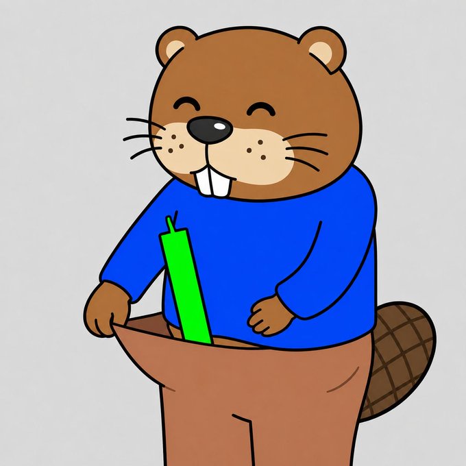 A cartoon illustration of a smiling beaver character wearing a blue shirt and brown pants, holding a green object.