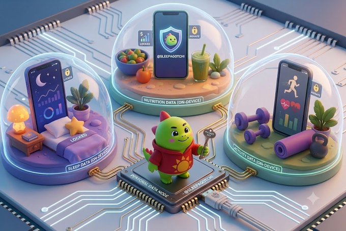 A 3D-rendered scene showing a green dragon-like character on a circuit board connected to three dome-shaped dioramas displaying on-device data for sleep, nutrition, and activity tracking via smartphones.
