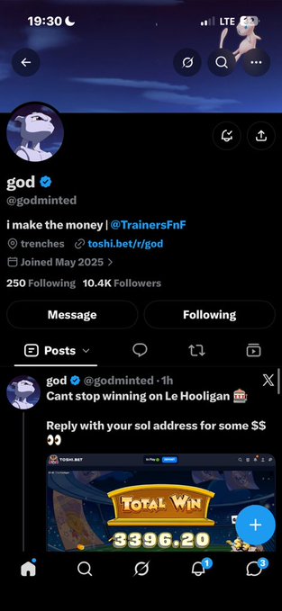 A Twitter/X profile for 'god' (@godminted) showing a post that reads 'Cant stop winning on Le Hooligan' with a 'TOTAL WIN 3396.20' screenshot from what appears to be a gambling site.