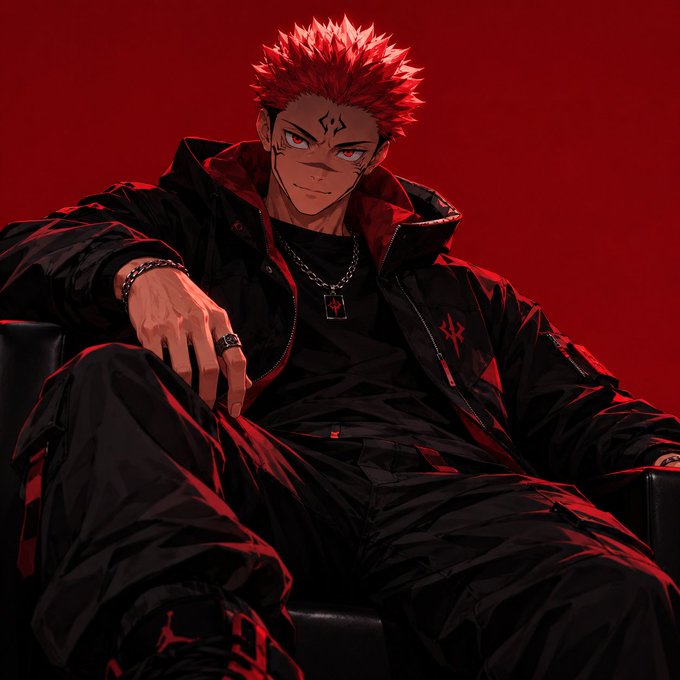 An anime-style character with spiky red hair, facial tattoos, and a black jacket with red lining, sitting confidently against a deep red background while wearing chains and rings.