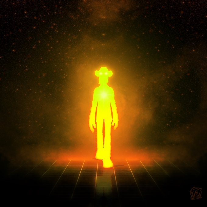 A glowing yellow/orange silhouette of a figure standing on a grid plane against a starry cosmic background.