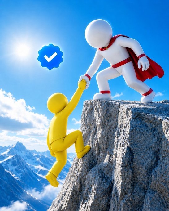 A 3D illustration showing a white superhero figure in a red cape pulling a yellow figure up a rocky cliff, accompanied by a blue verified checkmark badge against a bright sky with mountains.