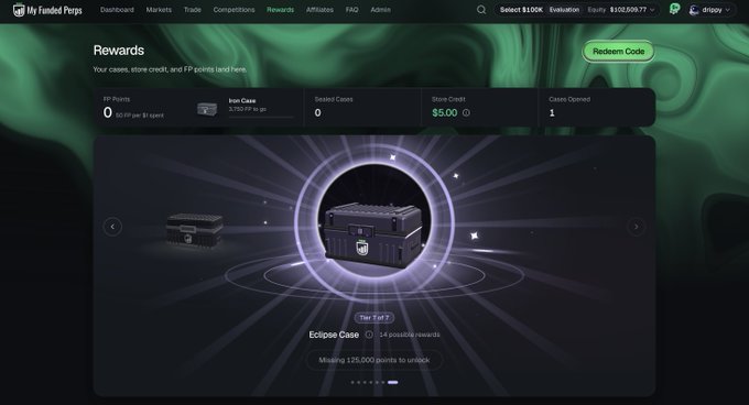 A screenshot of the My Funded Pups website displaying a "Rewards" page with an "Eclipse Case" tier 7 unlockable item, showing a portfolio balance of $100,000.77.