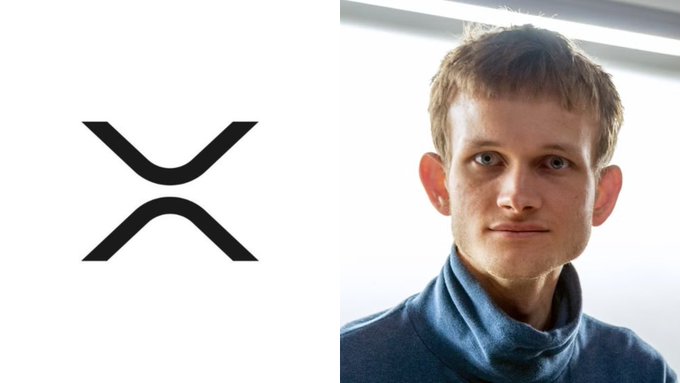 A split image showing the XRP logo on the left and a portrait of Vitalik Buterin wearing a blue turtleneck on the right.