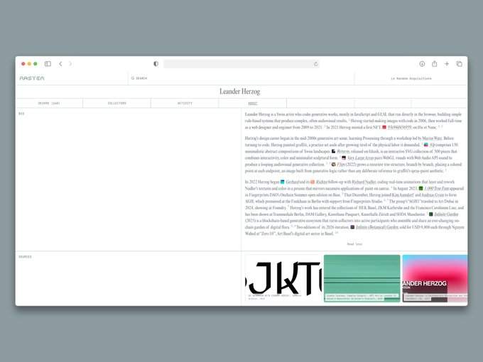 A web browser displaying an artist profile page for 'Leander Herzog' on a platform called 'Areter', showing a bio and images of digital artwork at the bottom.