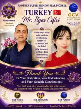 A promotional graphic featuring GCV International founder Sunny with Mr. İlyas Çiftci, praising him as "Another Super Shining Star Pioneer from Turkey" for his work promoting Pi Network and the Global GCV Movement on social media. The purple-themed design includes Pi Network and GCV branding with text thanking him for his dedication and valuable contributions to pioneers worldwide.