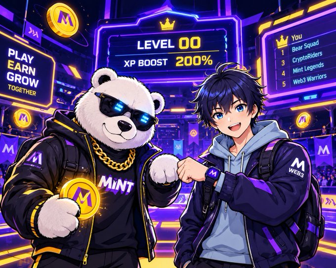 Anime-style illustration of a bear wearing sunglasses and a 'MINT' jacket fist-bumping an anime character in a 'WEB3' jacket, set against a neon esports arena with displays reading 'LEVEL 00', 'XP BOOST 200%', and 'PLAY EARN GROW TOGETHER'.
