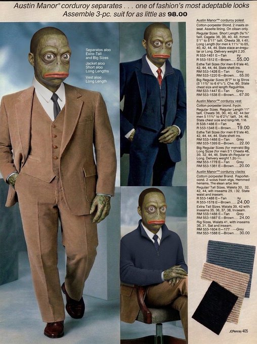 A vintage advertisement page from JCPenney catalog featuring "Austin Manor" corduroy suits displayed on figures with green alien-like faces, pricing the 3-piece suit at $98.00.