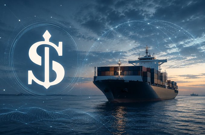 A digital illustration showing a large container ship at sea during sunset, with a glowing dollar sign ($) symbol overlaid on a network/constellation design.