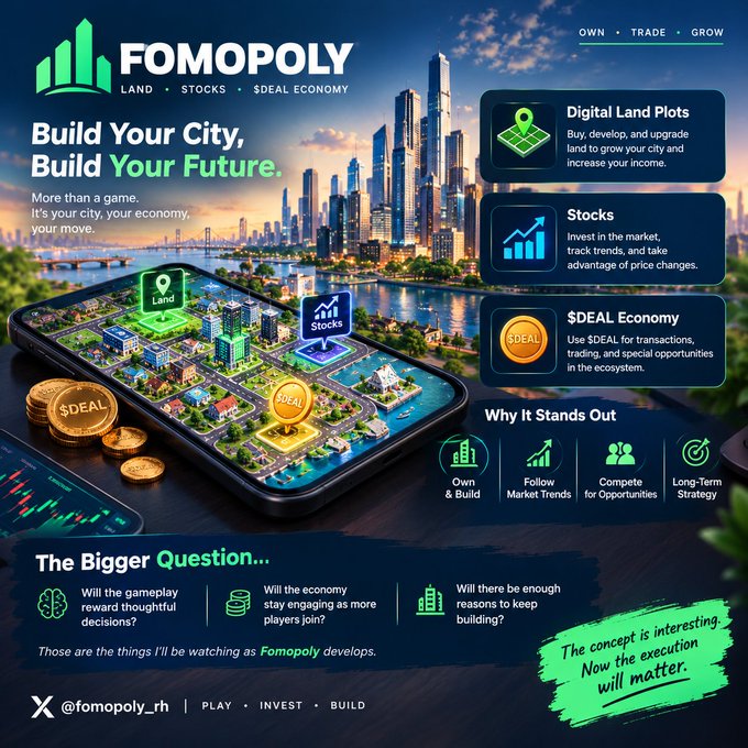 A colorful FOMOPOLY promotional poster presents a city-building, stocks, and “$DEAL Economy” concept. Text includes “Build Your City, Build Your Future,” “More than a game,” “Why It Stands Out,” and a green note stating, “The concept is interesting. Now the execution will matter.”