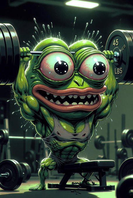 The image features a cartoon frog with large eyes, open mouth, and bulging muscles, lifting weights as if it were a human athlete. The frog's arms are raised above its head, showcasing its impressive strength. The background of the image is dark green, which contrasts with the bright colors of the frog and the weights it is lifting. There are also several dumbbells scattered around the scene, further emphasizing the theme of weightlifting depicted in the cartoon.