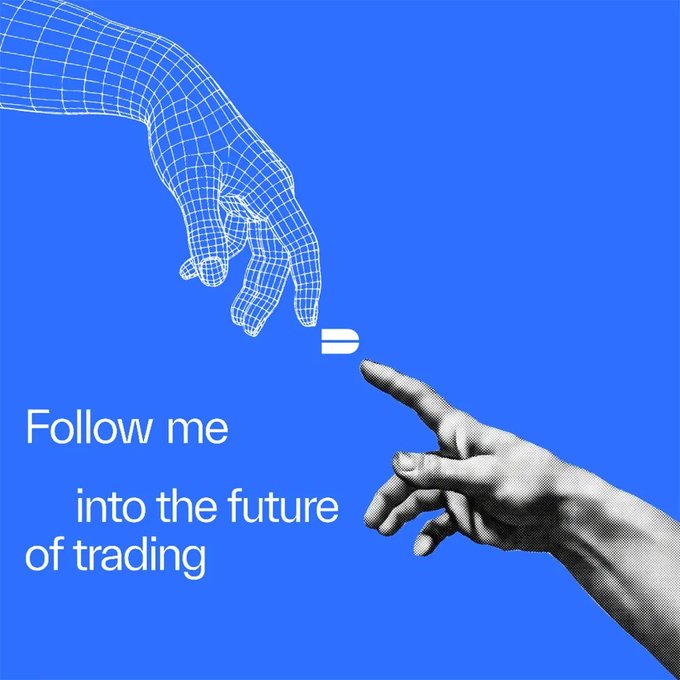A blue graphic with a wireframe hand and a human hand nearly touching, styled like Michelangelo's 'Creation of Adam,' with text reading 'Follow me into the future of trading.'