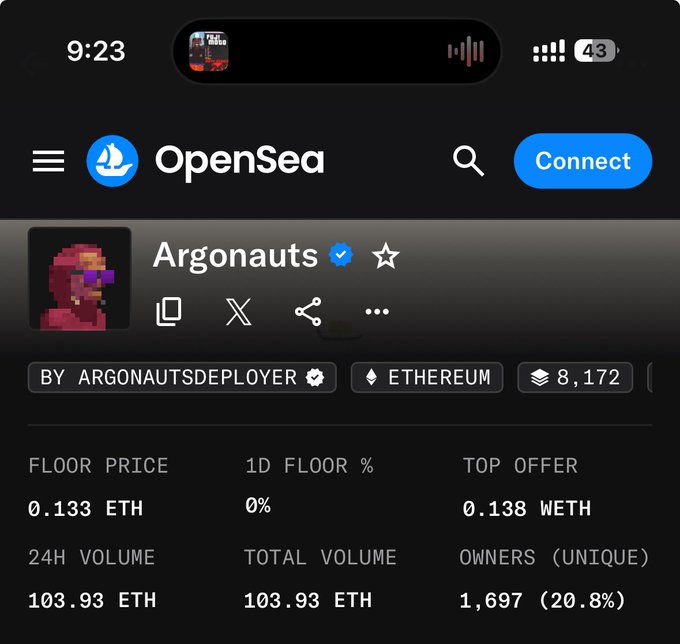 A mobile screenshot of OpenSea showing the Argonauts NFT collection on Ethereum, with a floor price of 0.133 ETH and 24H volume of 103.93 ETH.