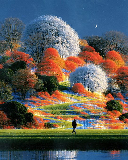 A lone figure walks along a vibrant hillside where fiery red trees and luminous white blossoms spiral upward against a deep blue twilight sky, with a crescent moon overhead and their reflection shimmering in the water below. The image lives up to its "COLOR.EXE" caption—colors appear almost over-saturated and glitching, as if the landscape itself is a visual program pushed beyond its limits.