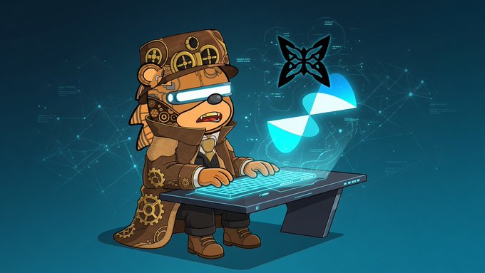 A digital illustration of a steampunk bear character wearing goggles and a top hat with gears, typing on a holographic keyboard, with a black butterfly logo and blue glowing shapes floating above.