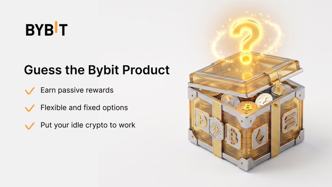 A Bybit promotional graphic featuring the tagline "Guess the Bybit Product" alongside bullet points highlighting passive rewards, flexible and fixed options, and putting idle crypto to work. The image showcases a glowing golden treasure chest filled with Bitcoin tokens and topped with a question mark, visually hinting at the mystery product reveal while tying into the post's challenge to identify the Bybit offering.