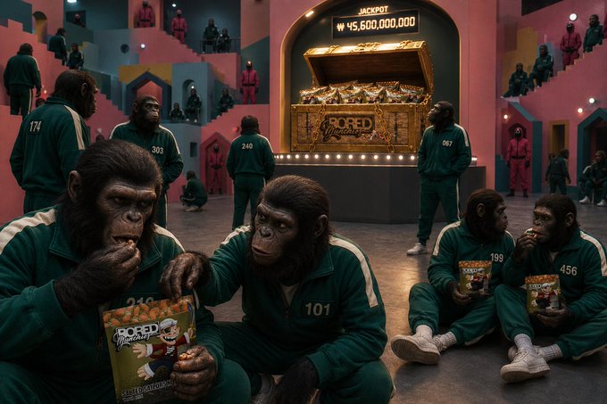 Chimpanzees in green tracksuits eat 'Rofed Monkey' cereal in a Squid Game-style arena, with a large treasure chest displaying a jackpot of ¥45,600,000 in the background.