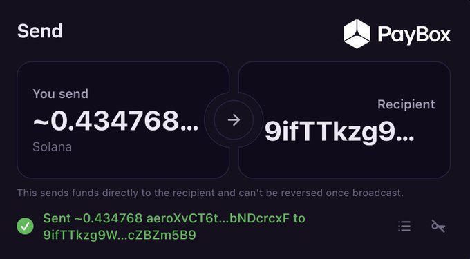 The image shows a PayBox transaction where ~0.434768 Solana was sent to the recipient address 9ifTTkzg9...