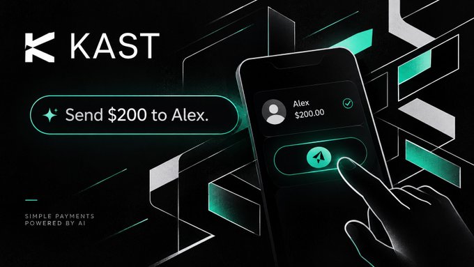 A promotional graphic for KAST showing a smartphone interface with 'Send $200 to Alex' text and the tagline 'SIMPLE PAYMENTS POWERED BY AI'.