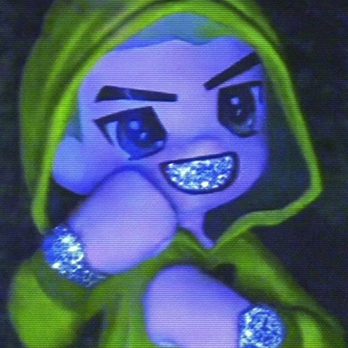 The image features a vibrant, glittery cartoon-style character with blue skin, large expressive eyes, and a green hood, appearing to be an NFT avatar associated with the account @hoodilio_. The character's confident, smiling expression and flashy aesthetic align with the post's message about the account being an established presence in the NFT space worth following (while reminding viewers to do their own research).