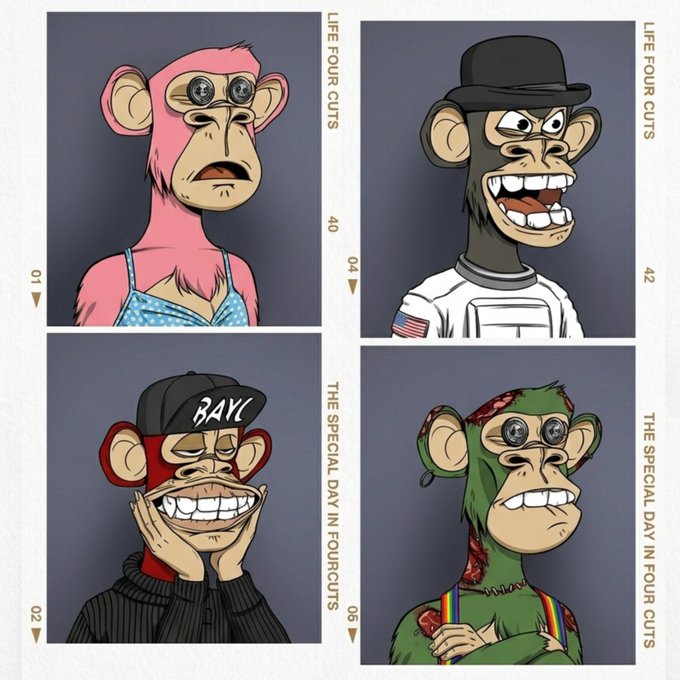 The image displays four Bored Ape Yacht Club-style NFT characters arranged in a 2x2 grid with "LIFE FOUR CUTS" branding, labeled as "THE SPECIAL DAY IN FOUR CUTS" with frame numbers 01, 02, 04, and 06—appearing to reference the Korean photo booth brand "Life Four Cuts" in connection with the Yuga Labs Seoul event announcement. The apes feature various traits including pink fur, a black top hat, a "BAYC" cap, and a green zombie-style character, tying into the post's mention of meeting in Seoul and the playful reference to Koda Pokémon characters.