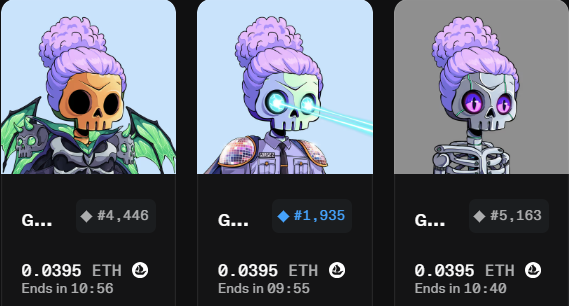 Three NFT listing cards showing skeleton characters with purple hair buns, each priced at 0.0395 ETH with different ETH values (#4,446, #1,935, #5,163) and countdown timers.