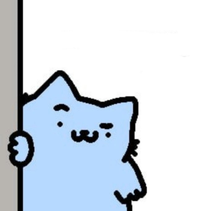 Cute cartoon illustration of a light blue cat peeking around a gray corner, looking mischievous with a small smile.