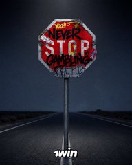 A dark, moody photo of a stop sign covered in graffiti including 'NEVER STOP' and 'LOSERS', with the text '1win' displayed at the bottom.