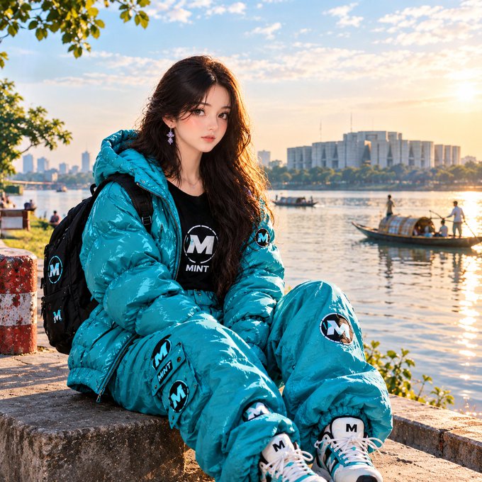 A young woman with long dark hair sits outdoors by a river wearing a teal puffer jacket with 'M MINT' logos and matching pants, with a city skyline in the background.