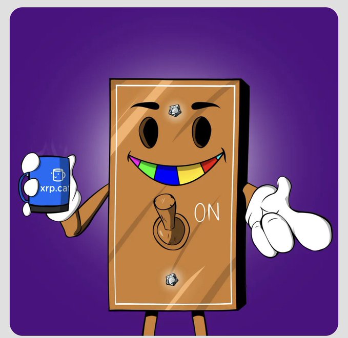 A cartoon light switch character with a colorful smiley face holds a blue mug labeled 'xrp.cafe' against a purple background.
