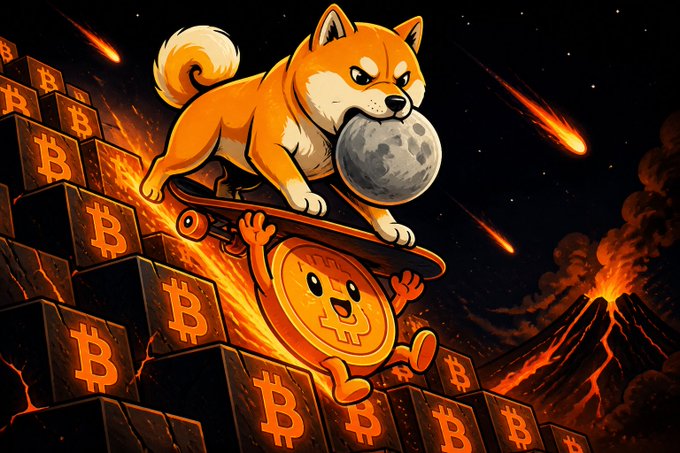 A digital artwork of a Shiba Inu dog riding a skateboard while holding the moon in its mouth, accompanied by an animated Bitcoin coin character, with meteorites falling against a backdrop of stacked Bitcoin blocks and an erupting volcano.